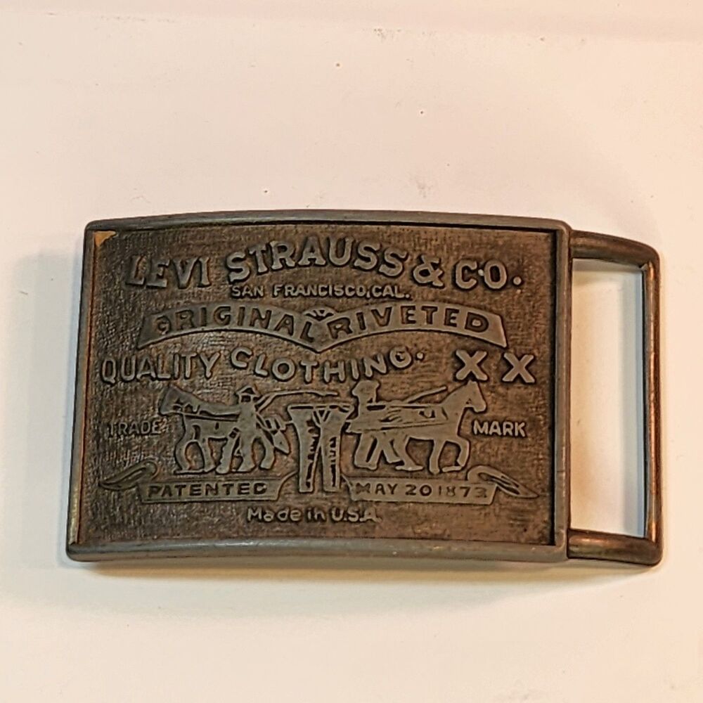 Vintage Levis Belt Buckle Two Horse Logo Made in USA 70s 80s Bronze Patina